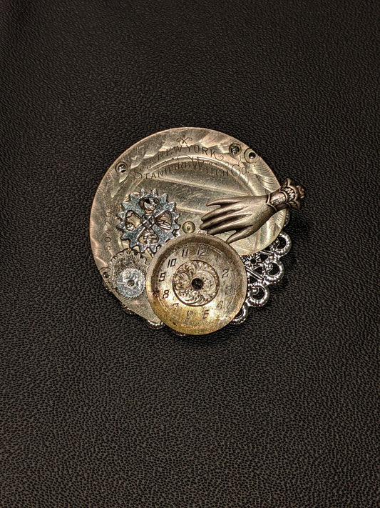 Steampunk Themed Brooch-Unique Charm Pin! TOP1-with real watch parts